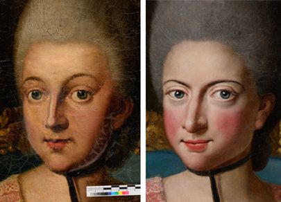 <p>Das ‚wahre‘ Gesicht der Herzogin: Detailaufnahme des Gemäldes, vor und nach der Restaurierung © Klassik Stiftung Weimar</p>