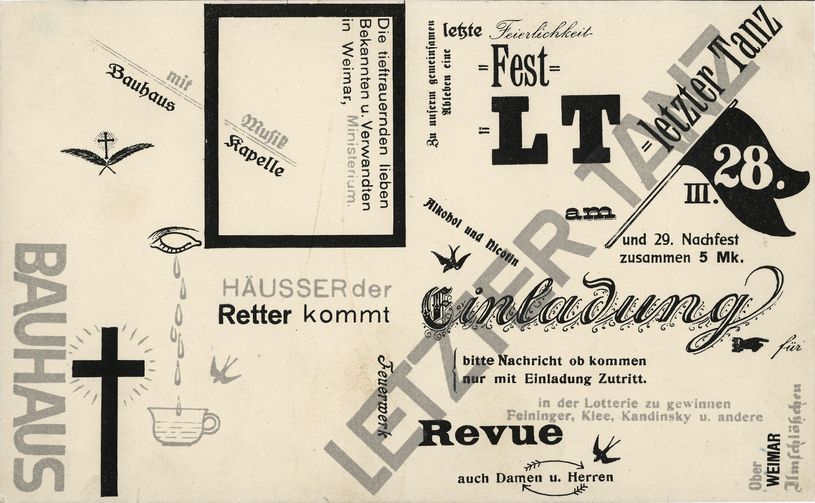 „Zu unserem gemeinsamen Ableben eine letzte Feierlichkeit“: Einladung zum „letzten Tanz“ im Weimarer Ilmschlösschen. Neben vielen Programmpunkten werden auf dem Fest Feininger, Klee und Kandinsky verlost, 1925
