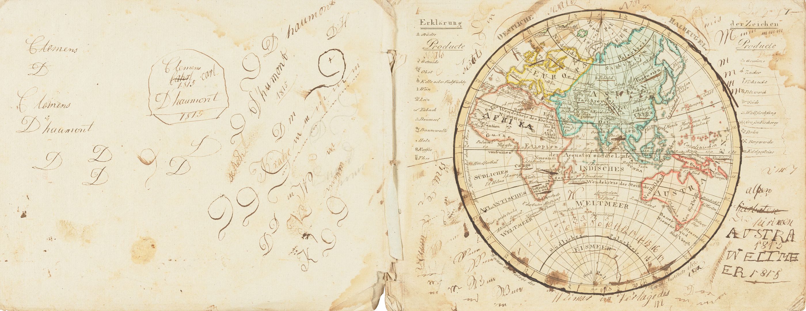 „Compendieuser Allgemeiner Atlas [...] beym Geographischen Unterrichte brauchbar“, Weimar 1812, mit Kritzeleien eines Schülers (HAAB, Sammlung Jürgen Espenhorst)