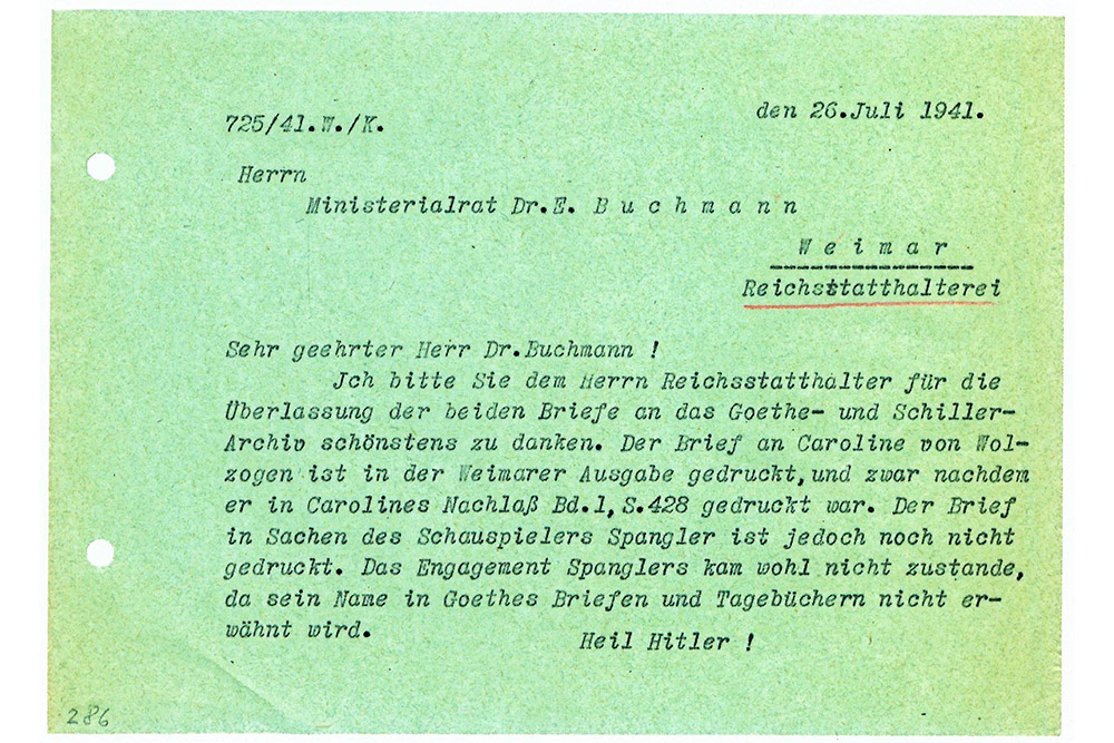 <p>Schreiben Hans Wahls, Direktor des Goethe- und Schiller-Archivs und des Goethe-Nationalmuseums, an Erich Buchmann, den Bürochef von Fritz Sauckel, 26. Juli 1941: Wahl bedankt sich »schönstens« für die Übersendung der zwei Goethe-Briefe. © Klassik Stiftung Weimar</p>