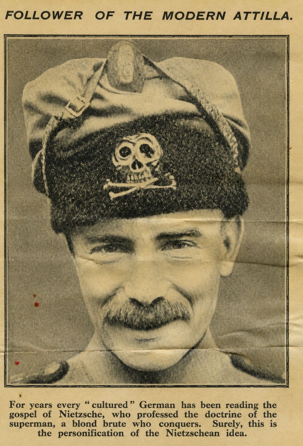 <p><em>Follower of the Modern Attilla.</em> Zeitungsausschnitt, vermutlich Großbritannien, ca. 1914/15.</p>