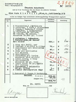 Liste der Öffentlichen Ankaufsstelle im Wiener Dorotheum, wo Elsa von Klarwill ihre verbliebenen Wertgegenstände zwangsweise verkaufen musste. Österreichisches Staatsarchiv, Nr. 27124 Elsa Klarwill. Auf der Liste ist neben der falschen Schreibweise ihres Vor- und Familiennamens auch der stigmatisierende Name „Sara“ angegeben, den Elsa von Klarwill wie alle weiblichen jüdischen Verfolgten im Deutschen Reich ab Januar 1939 führen musste, © Österreichisches Staatsarchiv Wien