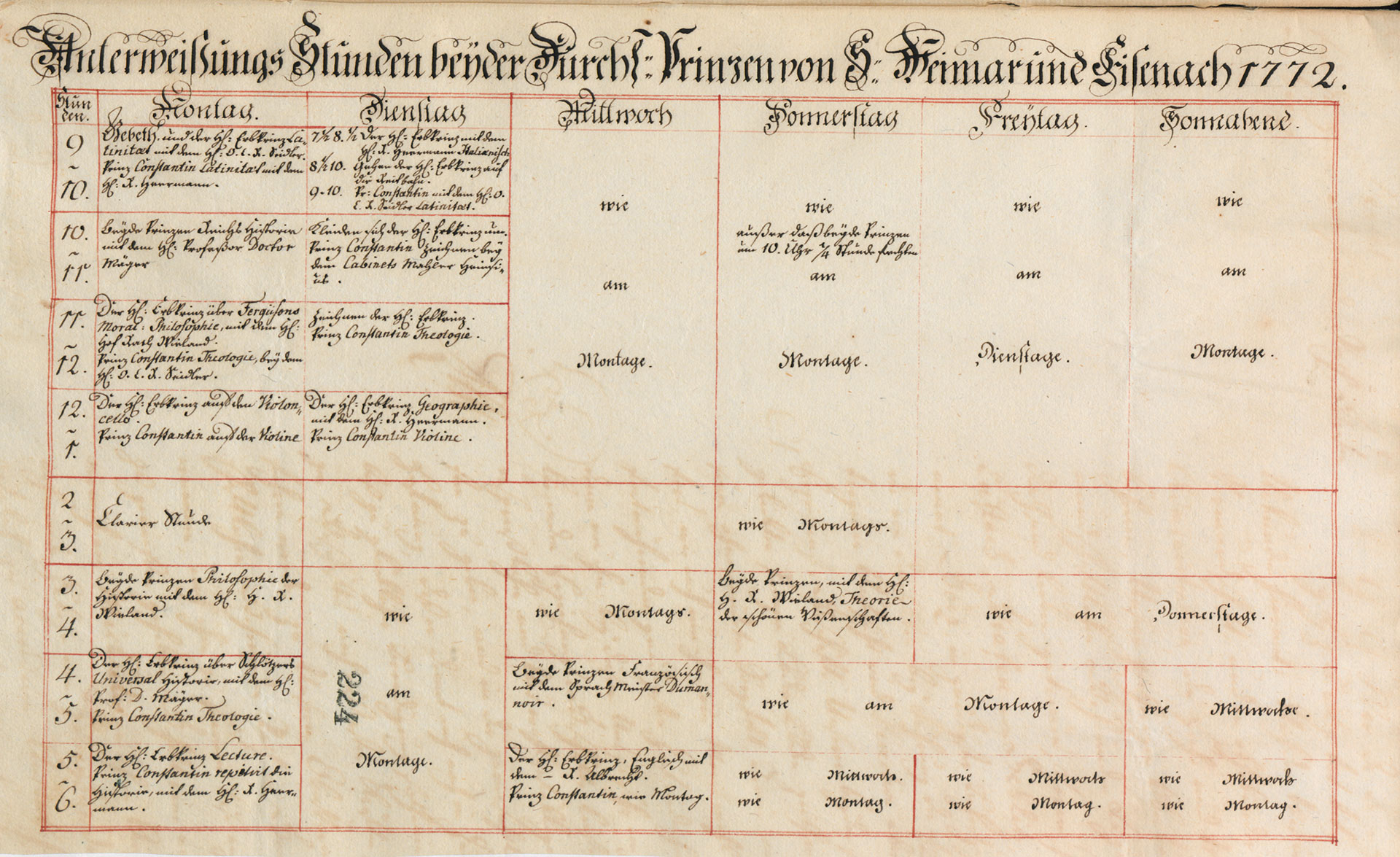 Stundenplan der Prinzen Carl August und Constantin von Sachsen-Weimar-Eisenach, Manuskript, 1772, Klassik Stiftung Weimar