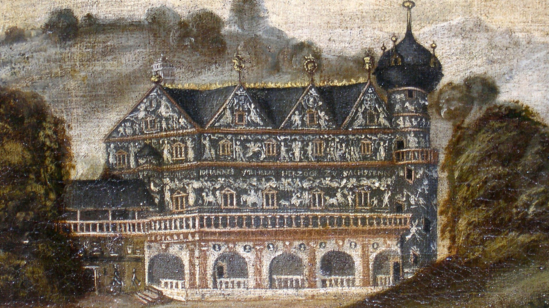 Das Grüne Schloss mit Trompeterstube im Turm, Detail eines Porträtgemäldes der Herzogin Dorothea Susanna von Sachsen-Weimar, gemalt von Christoph Leutloff, 1575.