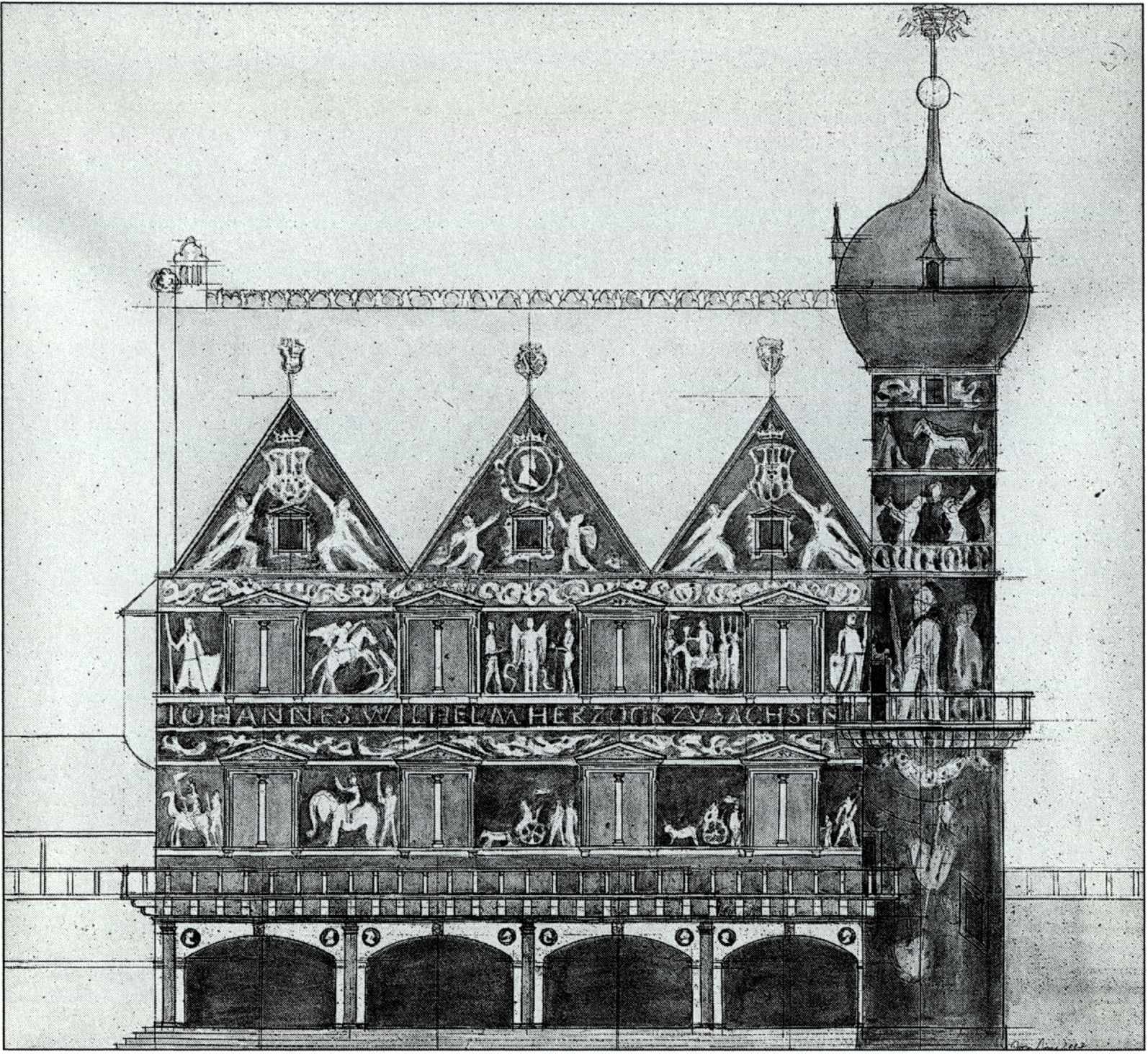 <p>Abb. 4: Rekonstruktion der Westfassade, Jürgen Beyer, 2007</p>