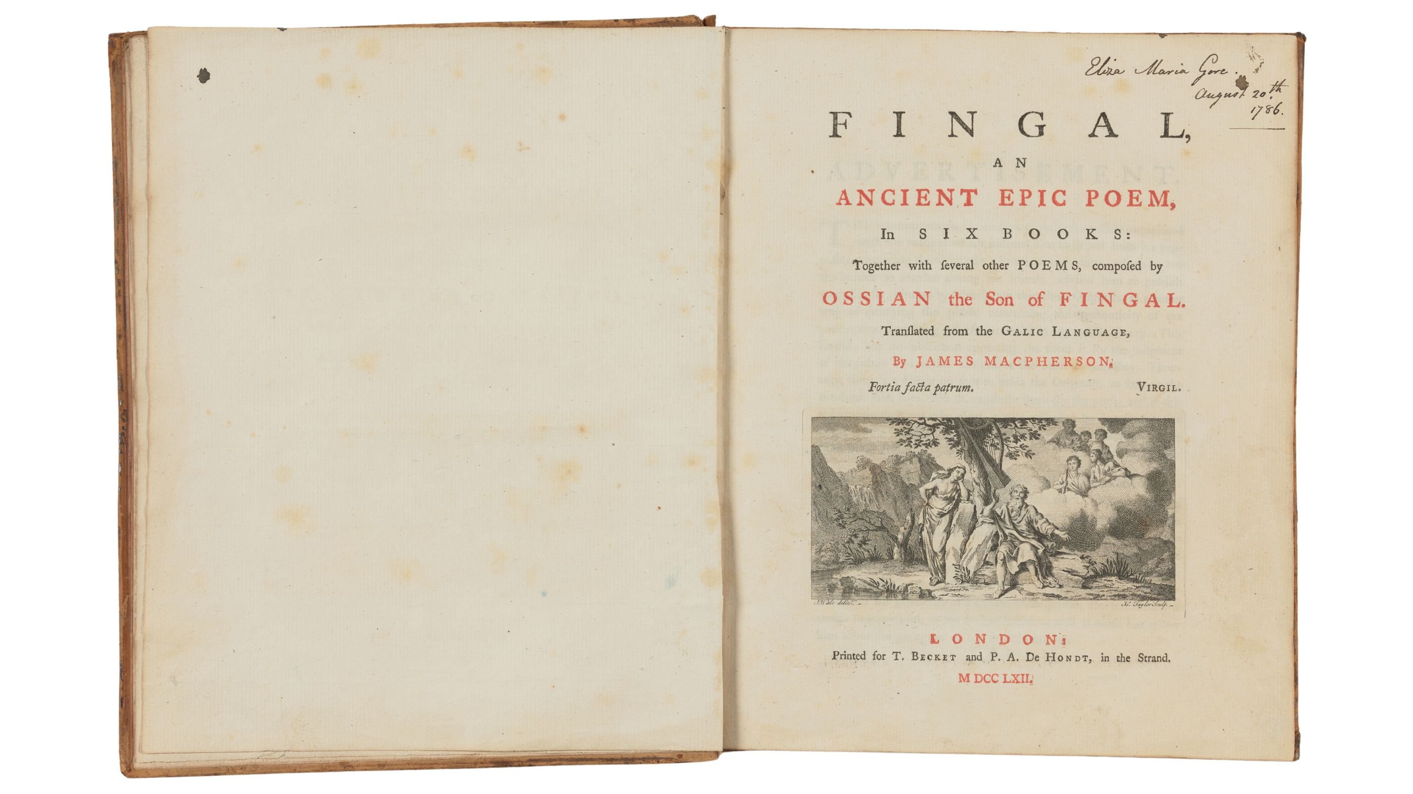 Fingal, an ancient epic poem. Translated from the galic language by James Macpherson. London 1762. Die Ossianmode prägte die Sturm und Drang-Zeit. Goethe selbst übersetzte die „Lieder von Selma“ aus dem Englischen und fügte seine Übersetzung dem Werther ein