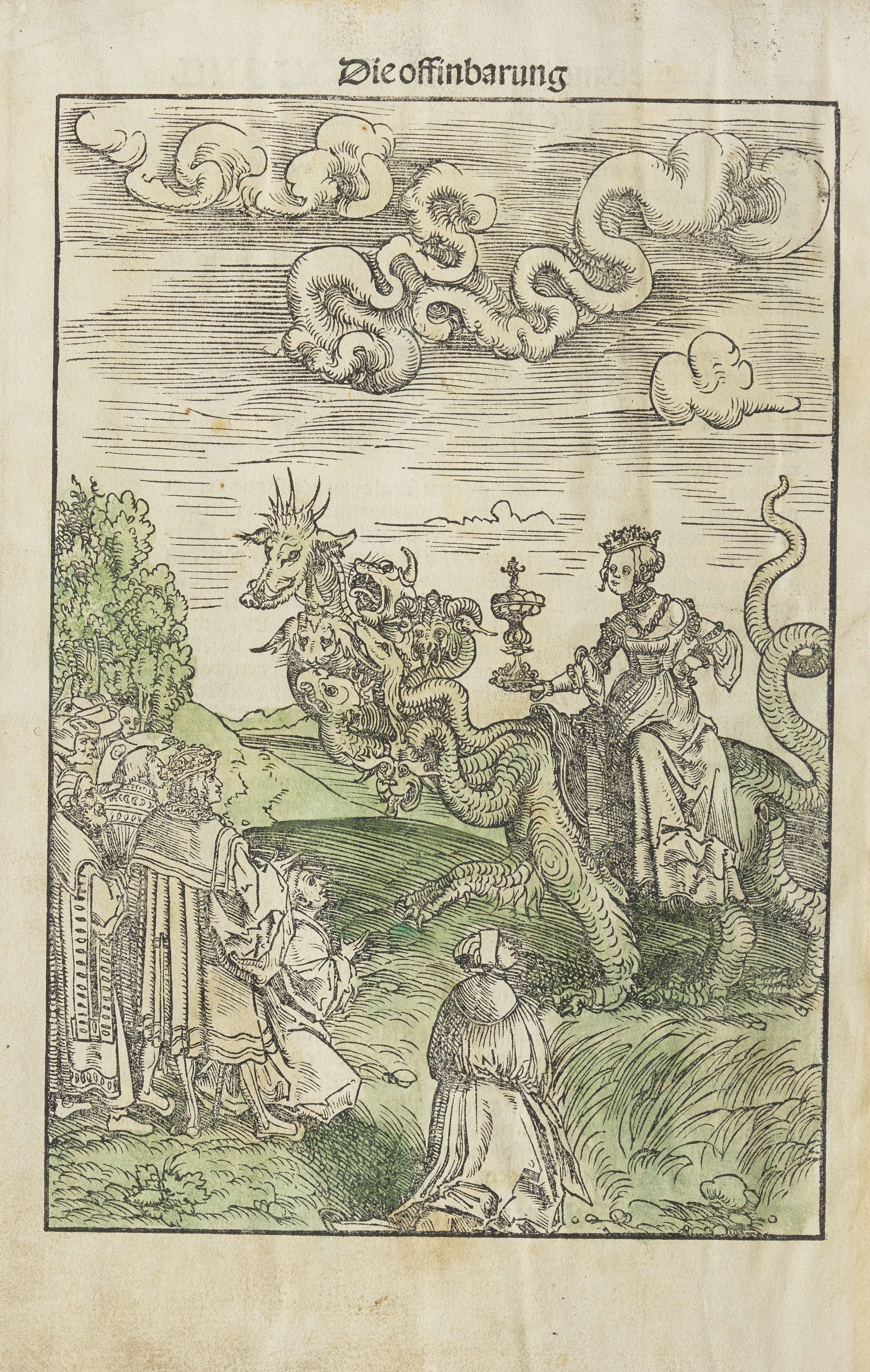 Der Drache und die Hure Babylon ohne päpstliche Tiara (Papstkrone), Holzschnitte von Lukas Cranach d. Ä., Das Newe Testament Deutzsch (Johannesoffenbarung, sog. Dezembertestament), gedruckt in Wittenberg im Dezember 1522 durch Melchior Lotter d. J. (Signatur: Cl I: 56 [c], Foto: Digitale Sammlungen der Herzogin Anna Amalia Bibliothek)