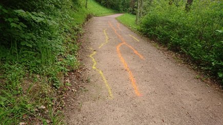 Farbige Markierungen verdeutlichen das Rissbild im Weg parallel zur Böschung