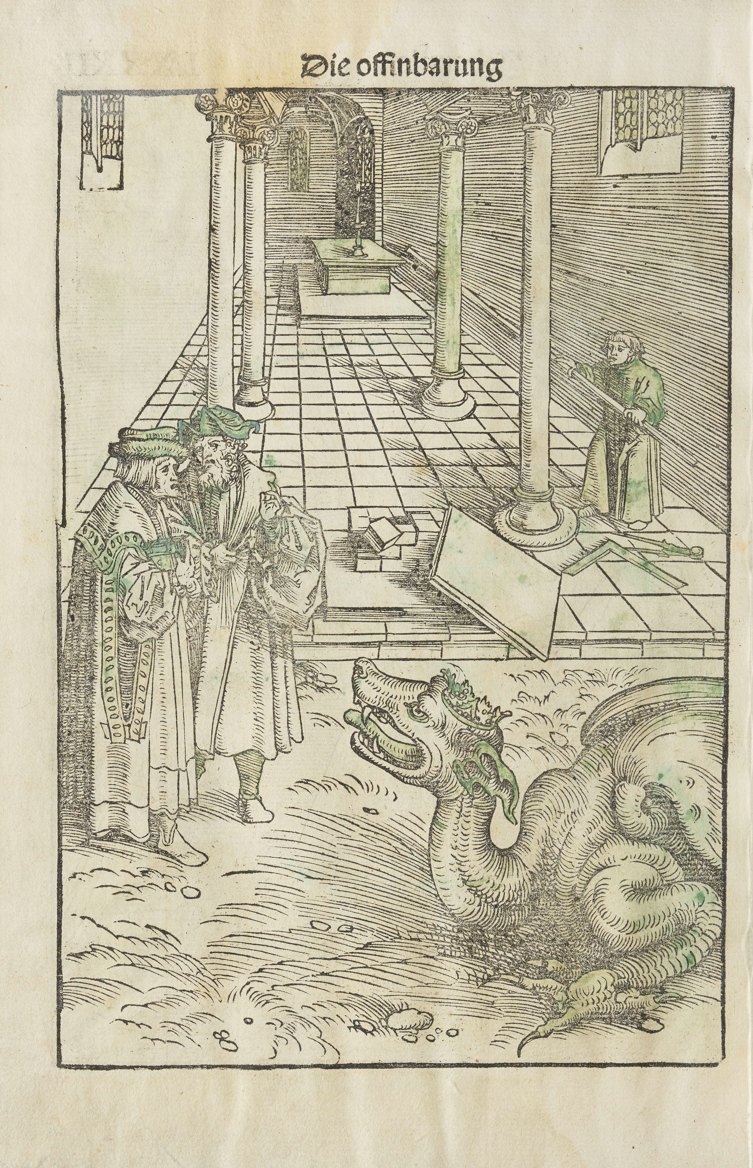 Der Drache und die Hure Babylon ohne päpstliche Tiara (Papstkrone), Holzschnitte von Lukas Cranach d. Ä., Das Newe Testament Deutzsch (Johannesoffenbarung, sog. Dezembertestament), gedruckt in Wittenberg im Dezember 1522 durch Melchior Lotter d. J. (Signatur: Cl I: 56 [c], Foto: Digitale Sammlungen der Herzogin Anna Amalia Bibliothek)